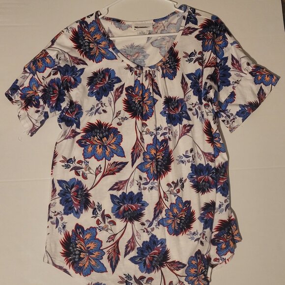 Liz Claiborne Tops - Liz Claiborne Womens Scoop Neck Sz L Blouse White Floral Short Sleeve